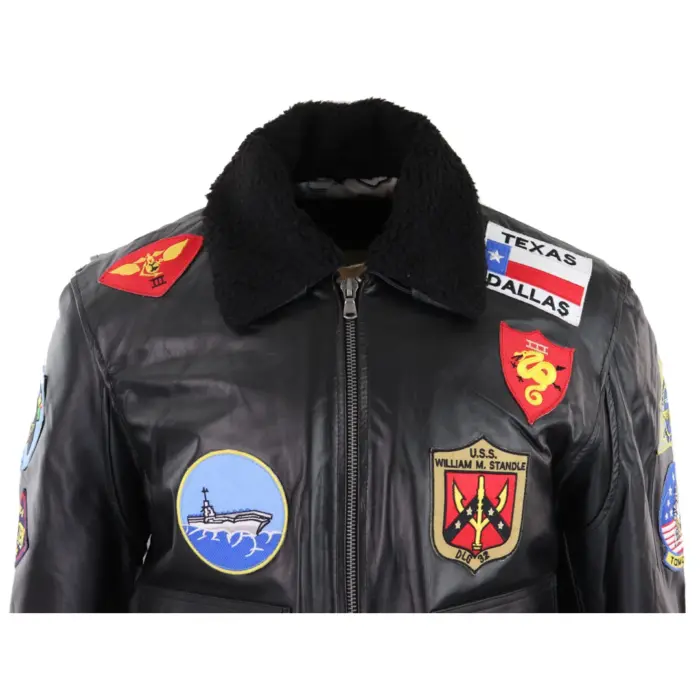 Mens Black Topgun Maverick Jacket Pilot Bomber US Badges Black Fur Tom Cat - Image 2
