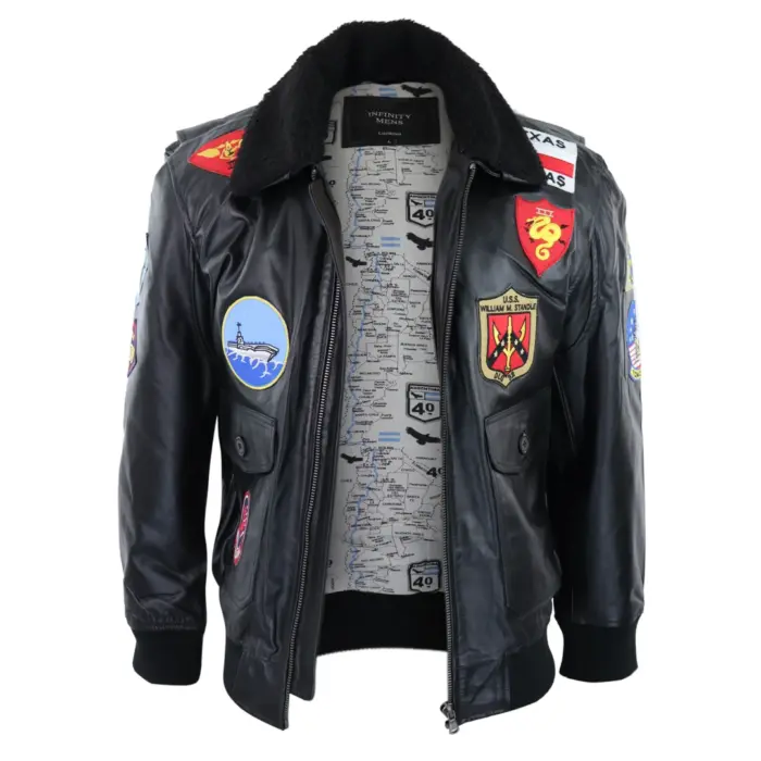 Mens Black Topgun Maverick Jacket Pilot Bomber US Badges Black Fur Tom Cat - Image 9