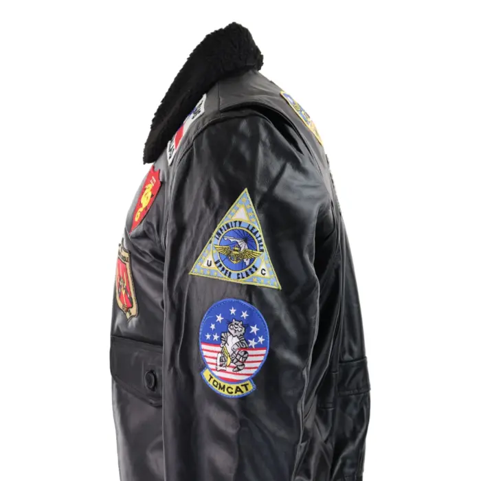 Mens Black Topgun Maverick Jacket Pilot Bomber US Badges Black Fur Tom Cat - Image 8