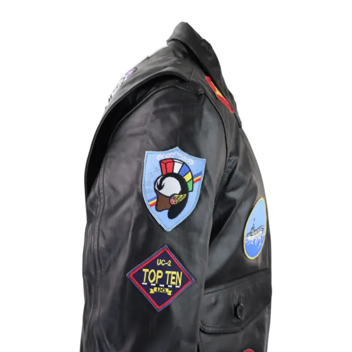Mens Black Topgun Maverick Jacket Pilot Bomber US Badges Black Fur Tom Cat - Image 7