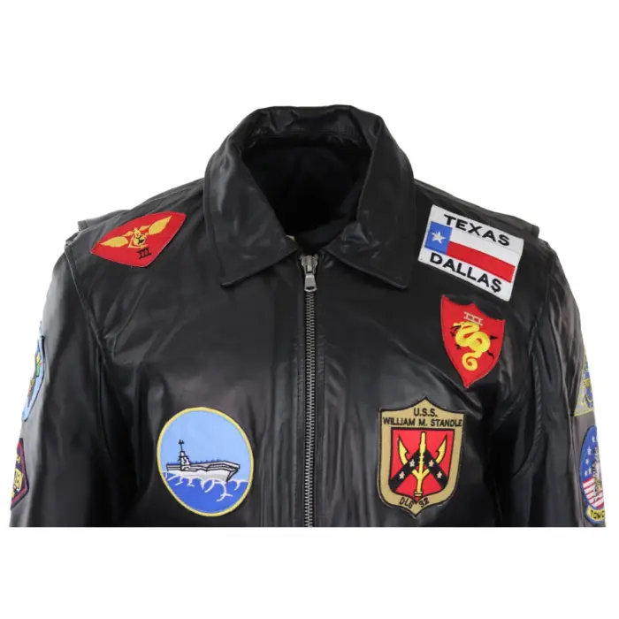 Mens Black Topgun Maverick Jacket Pilot Bomber US Badges Black Fur Tom Cat - Image 6