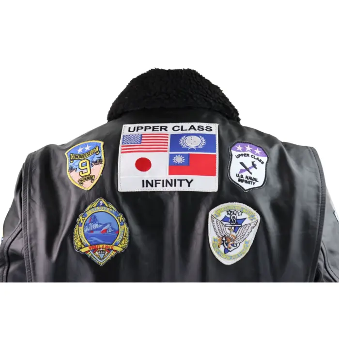 Mens Black Topgun Maverick Jacket Pilot Bomber US Badges Black Fur Tom Cat - Image 5