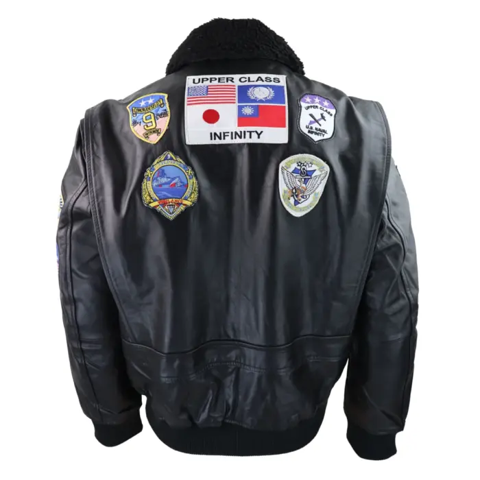Mens Black Topgun Maverick Jacket Pilot Bomber US Badges Black Fur Tom Cat - Image 4