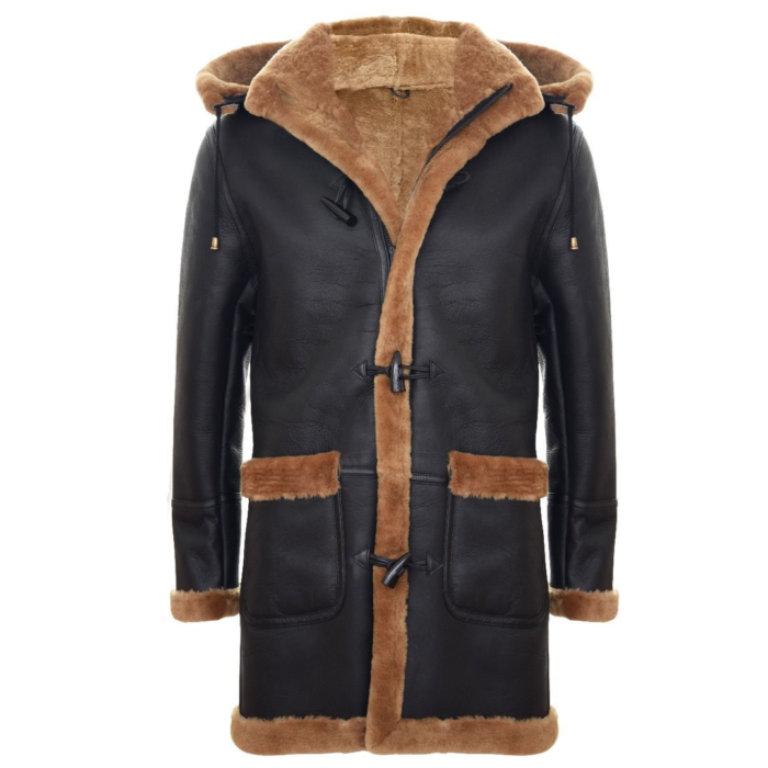 Mens Genuine Shearling Sheepskin Duffle Coat WW2 UK Winter 3/4 Hood Brown Ginger - Image 1