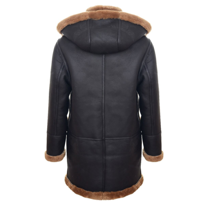 Mens Genuine Shearling Sheepskin Duffle Coat WW2 UK Winter 3/4 Hood Brown Ginger - Image 7