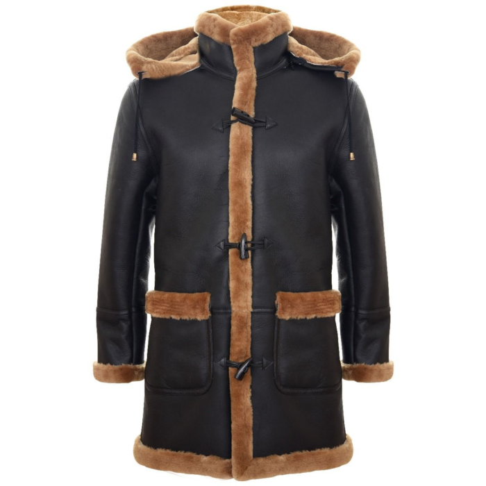 Mens Genuine Shearling Sheepskin Duffle Coat WW2 UK Winter 3/4 Hood Brown Ginger - Image 6