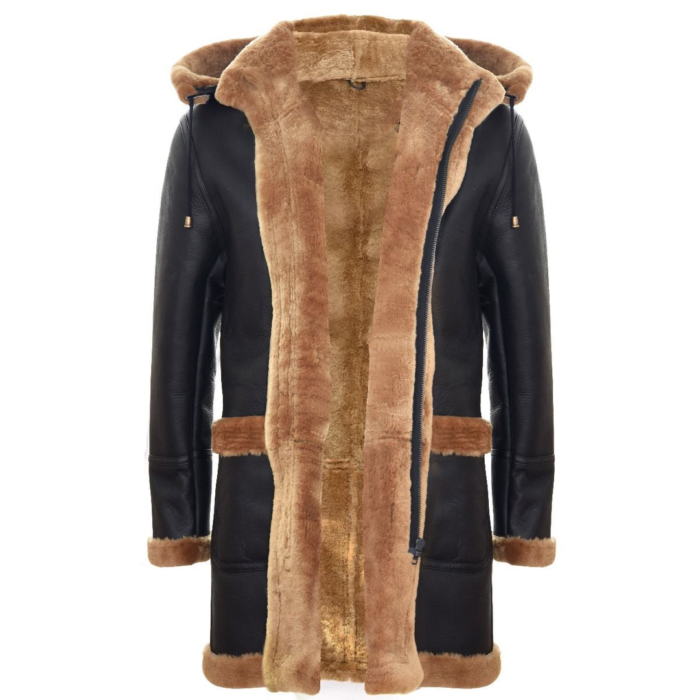 Mens Genuine Shearling Sheepskin Duffle Coat WW2 UK Winter 3/4 Hood Brown Ginger - Image 3