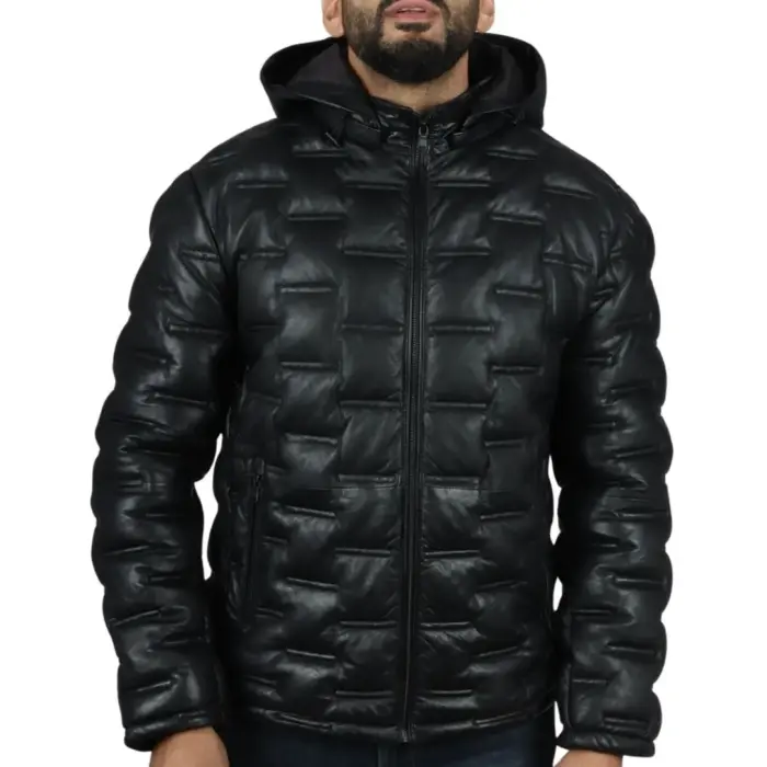 Men's Puffer Quilted Real Leather Jacket Hooded Casual - Image 1