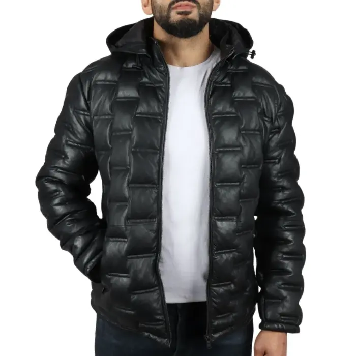 Men's Puffer Quilted Real Leather Jacket Hooded Casual - Image 2