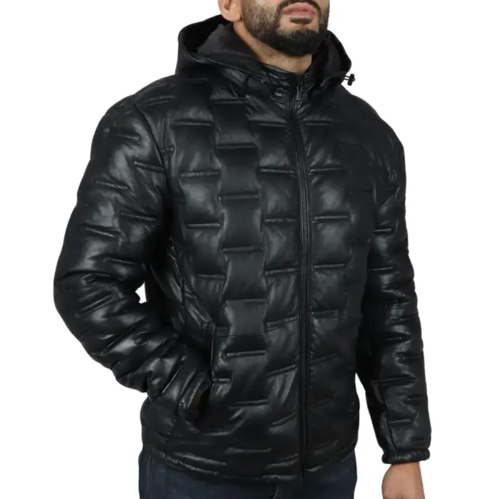 Men's Puffer Quilted Real Leather Jacket Hooded Casual - Image 5