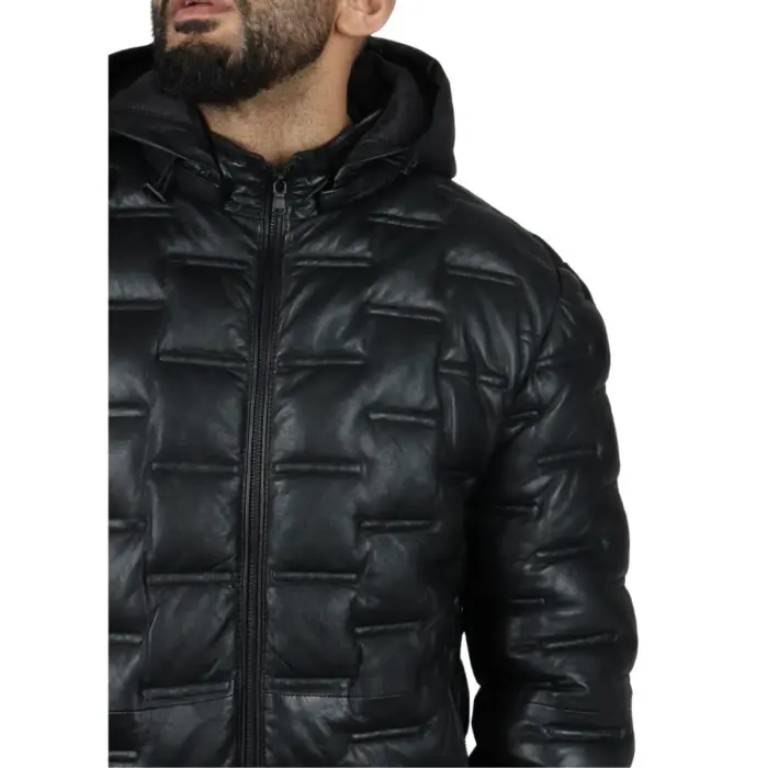 Men's Puffer Quilted Real Leather Jacket Hooded Casual - Image 4