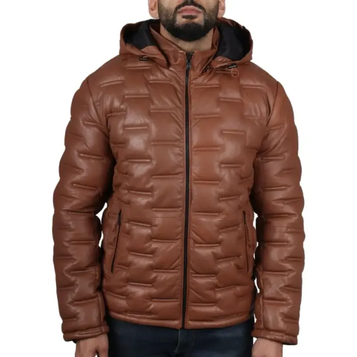 Men's Puffer Quilted Real Leather Jacket Hooded Casual - Image 7