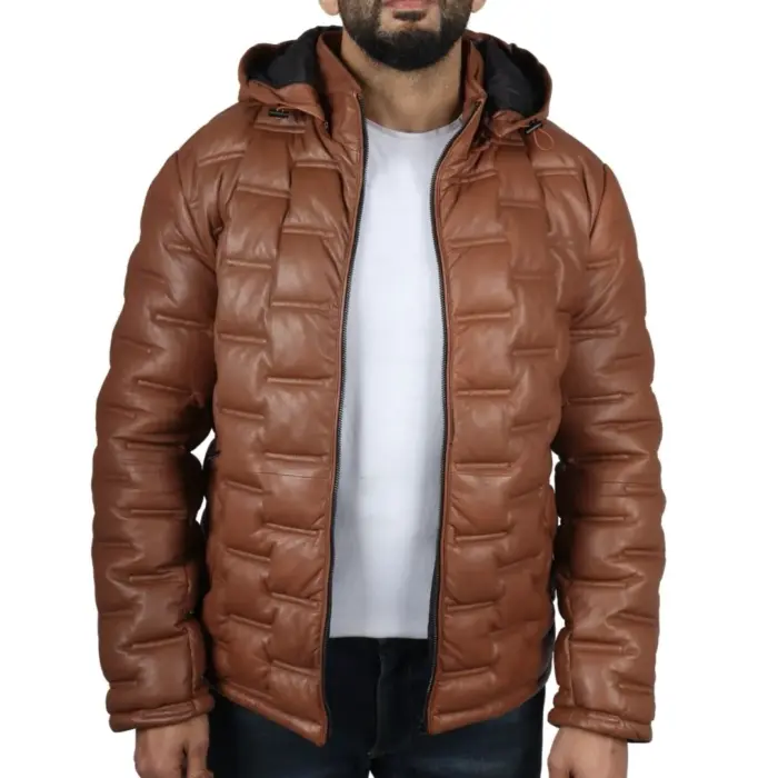 Men's Puffer Quilted Real Leather Jacket Hooded Casual - Image 8
