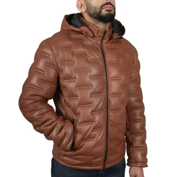Men's Puffer Quilted Real Leather Jacket Hooded Casual - Image 9