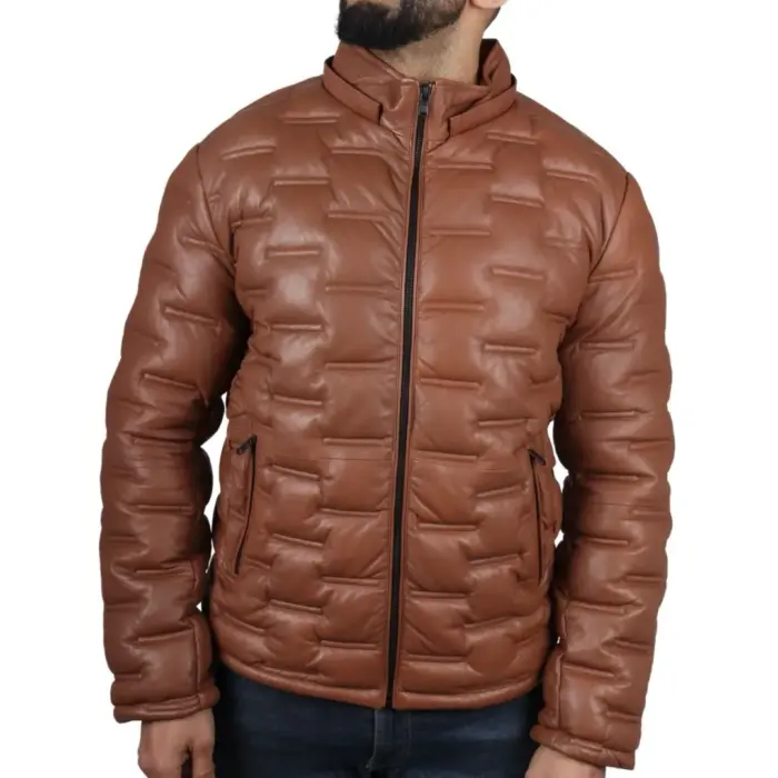 Men's Puffer Quilted Real Leather Jacket Hooded Casual - Image 10
