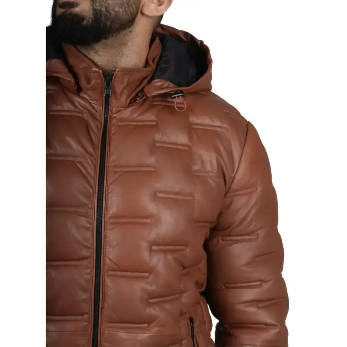 Men's Puffer Quilted Real Leather Jacket Hooded Casual - Image 11