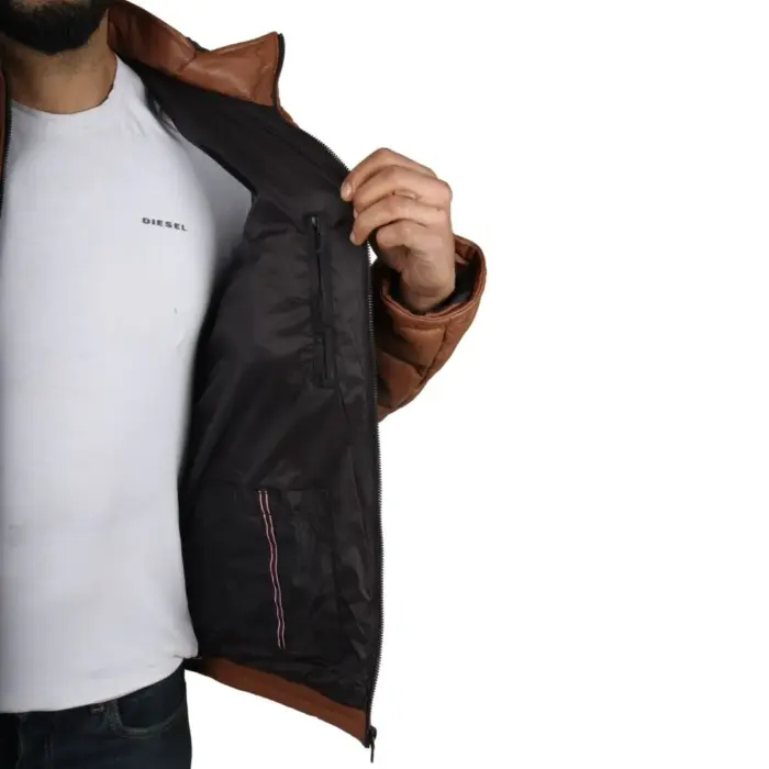 Men's Puffer Quilted Real Leather Jacket Hooded Casual - Image 12