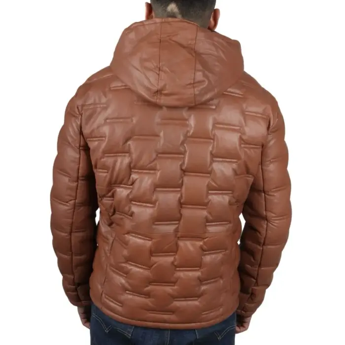 Men's Puffer Quilted Real Leather Jacket Hooded Casual - Image 13