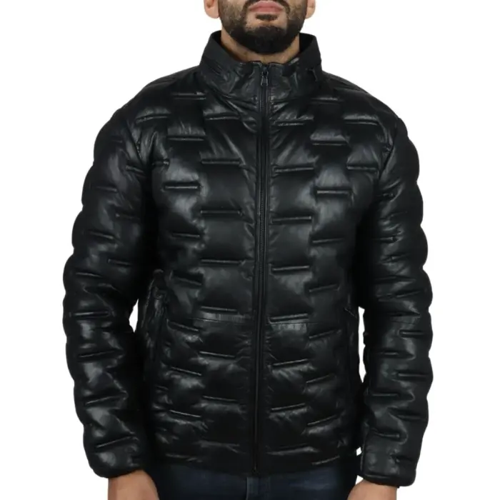 Men's Puffer Quilted Real Leather Jacket Casual Waist Length - Image 1
