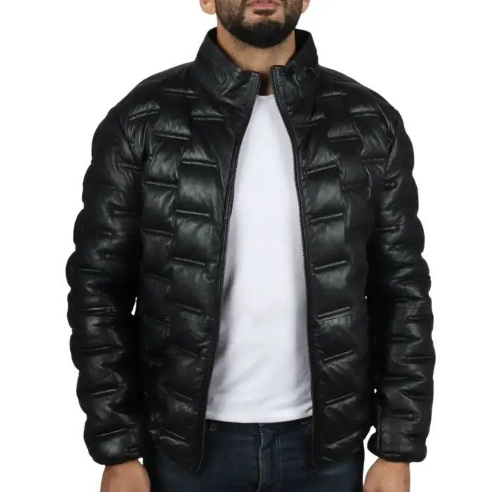 Men's Puffer Quilted Real Leather Jacket Casual Waist Length - Image 2