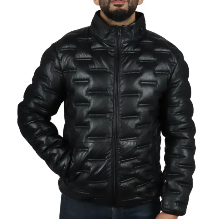 Men's Puffer Quilted Real Leather Jacket Casual Waist Length - Image 8
