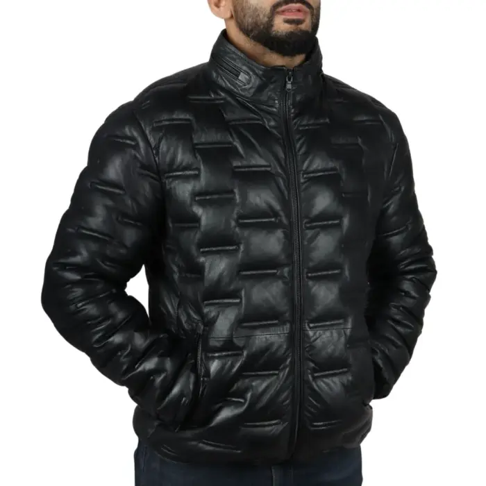 Men's Puffer Quilted Real Leather Jacket Casual Waist Length - Image 7