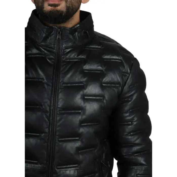 Men's Puffer Quilted Real Leather Jacket Casual Waist Length - Image 6
