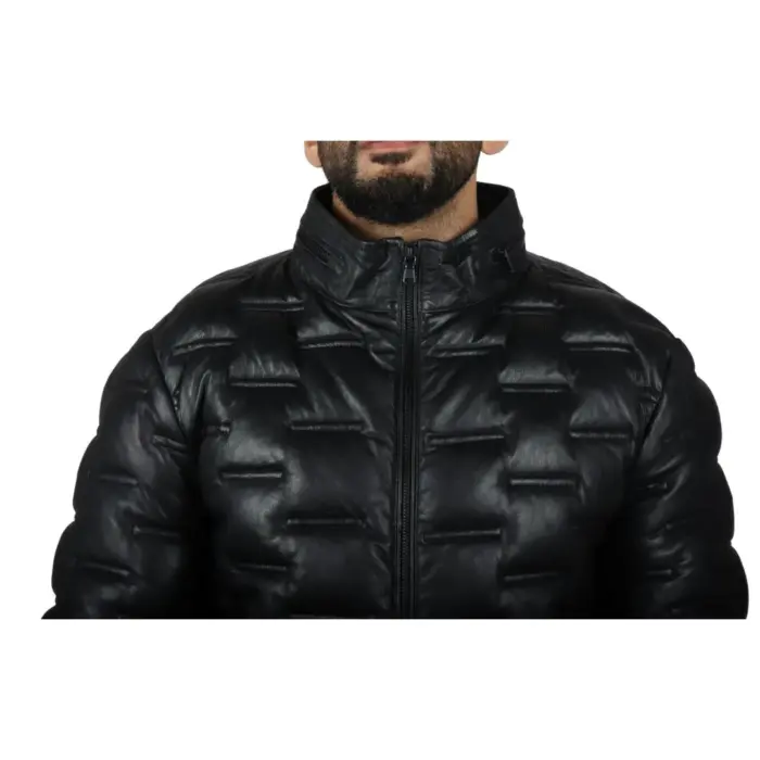 Men's Puffer Quilted Real Leather Jacket Casual Waist Length - Image 5