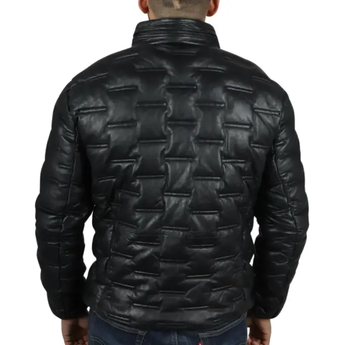Men's Puffer Quilted Real Leather Jacket Casual Waist Length - Image 3