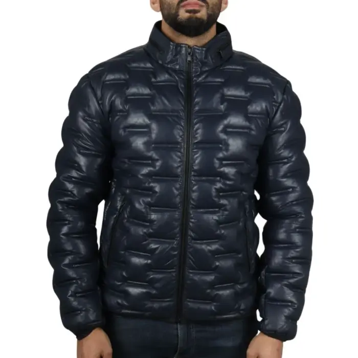 Men's Puffer Quilted Real Leather Jacket Casual Waist Length - Image 9