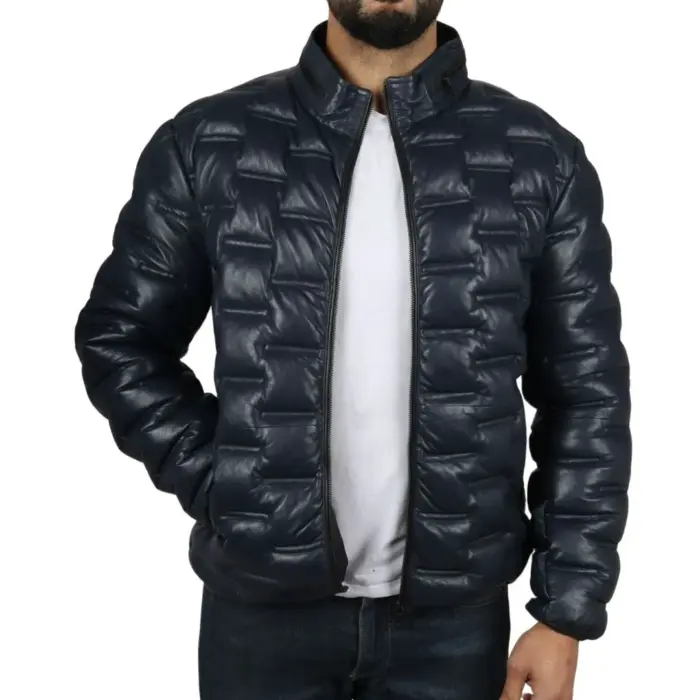 Men's Puffer Quilted Real Leather Jacket Casual Waist Length - Image 10
