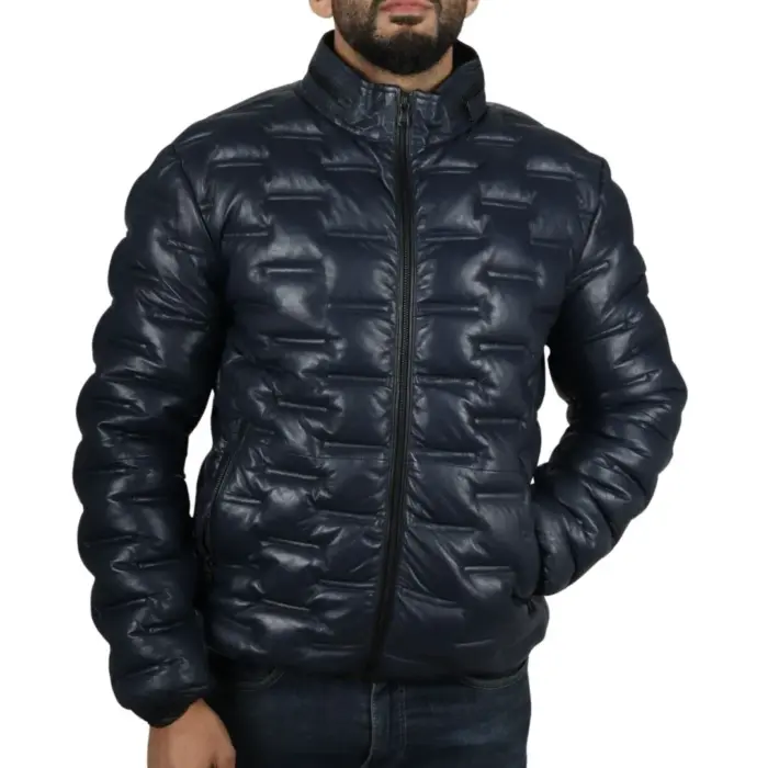 Men's Puffer Quilted Real Leather Jacket Casual Waist Length - Image 11