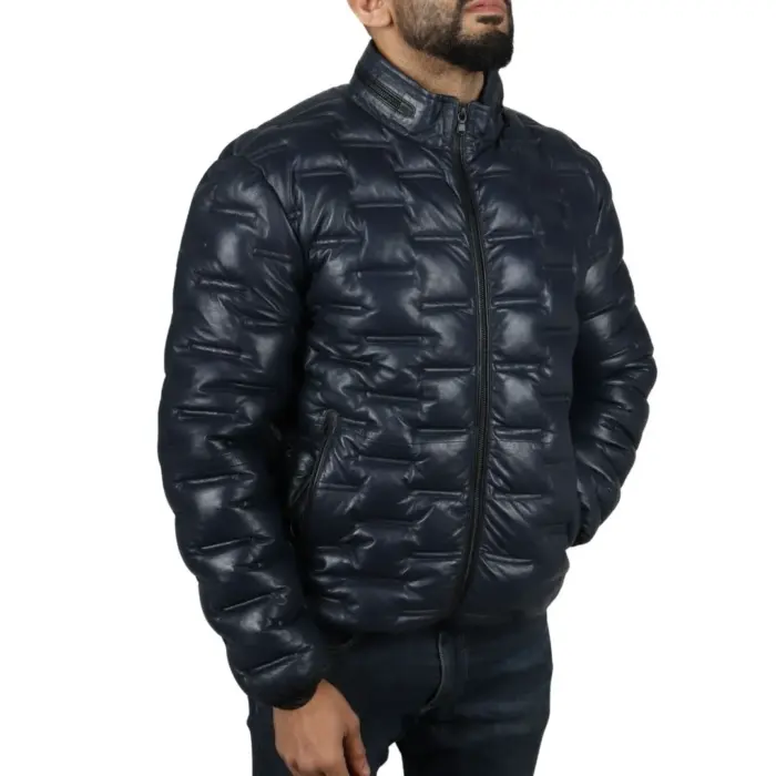 Men's Puffer Quilted Real Leather Jacket Casual Waist Length - Image 12