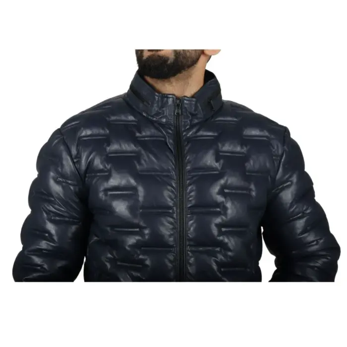 Men's Puffer Quilted Real Leather Jacket Casual Waist Length - Image 13