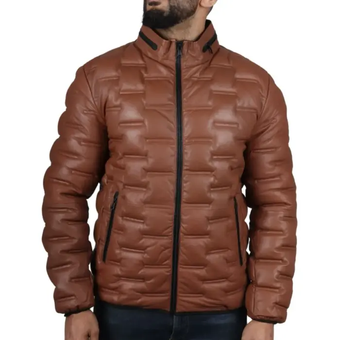 Men's Puffer Quilted Real Leather Jacket Casual Waist Length - Image 16