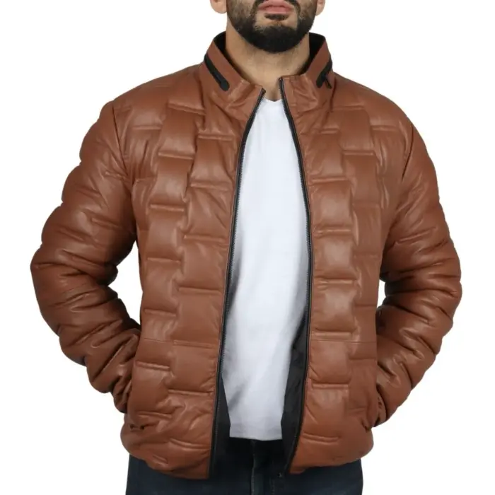 Men's Puffer Quilted Real Leather Jacket Casual Waist Length - Image 17