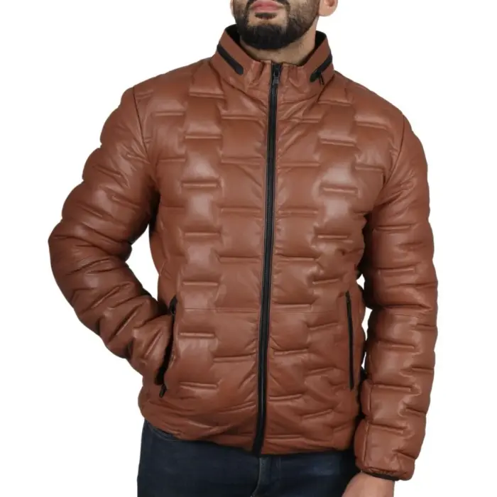 Men's Puffer Quilted Real Leather Jacket Casual Waist Length - Image 18