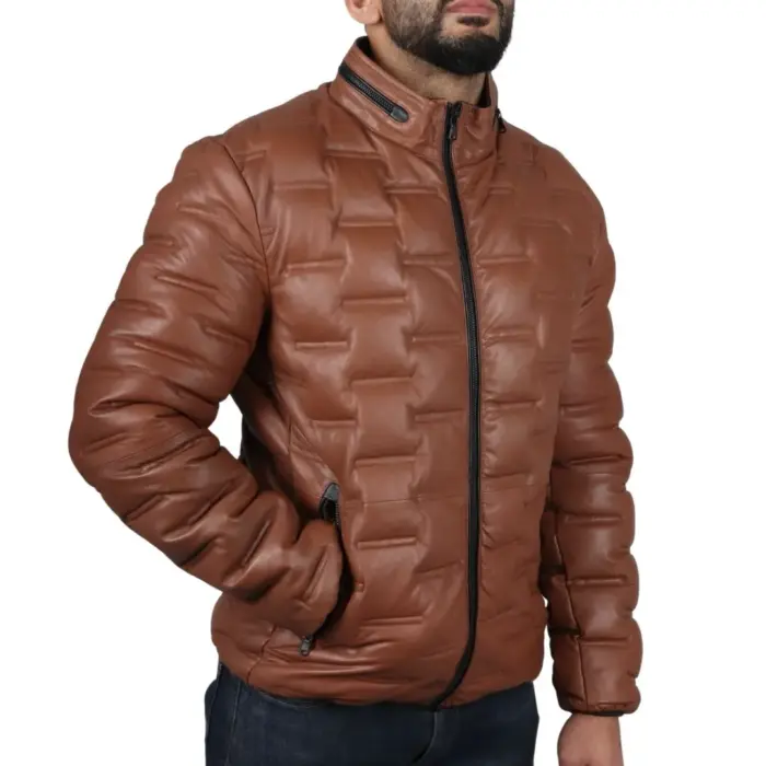 Men's Puffer Quilted Real Leather Jacket Casual Waist Length - Image 19