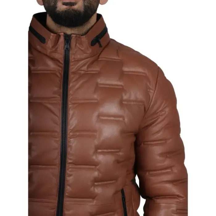 Men's Puffer Quilted Real Leather Jacket Casual Waist Length - Image 20