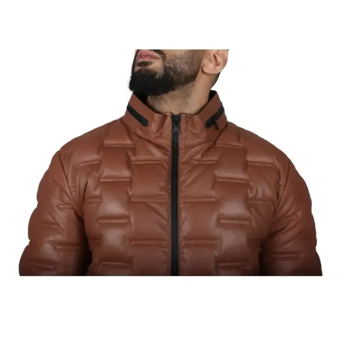 Men's Puffer Quilted Real Leather Jacket Casual Waist Length - Image 21
