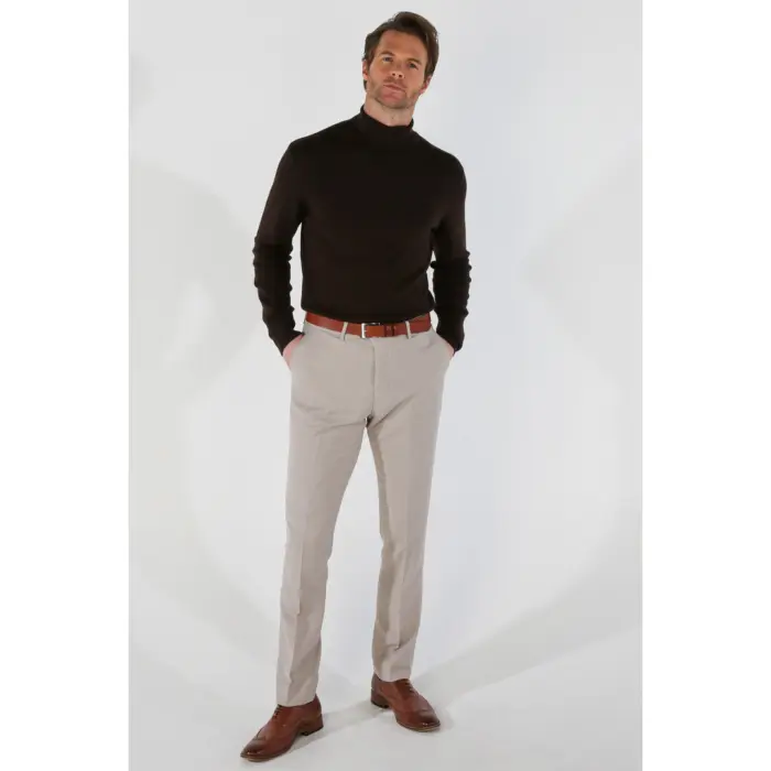 Men's Trousers Beige Birdseye Summer Wedding Pants - Image 1