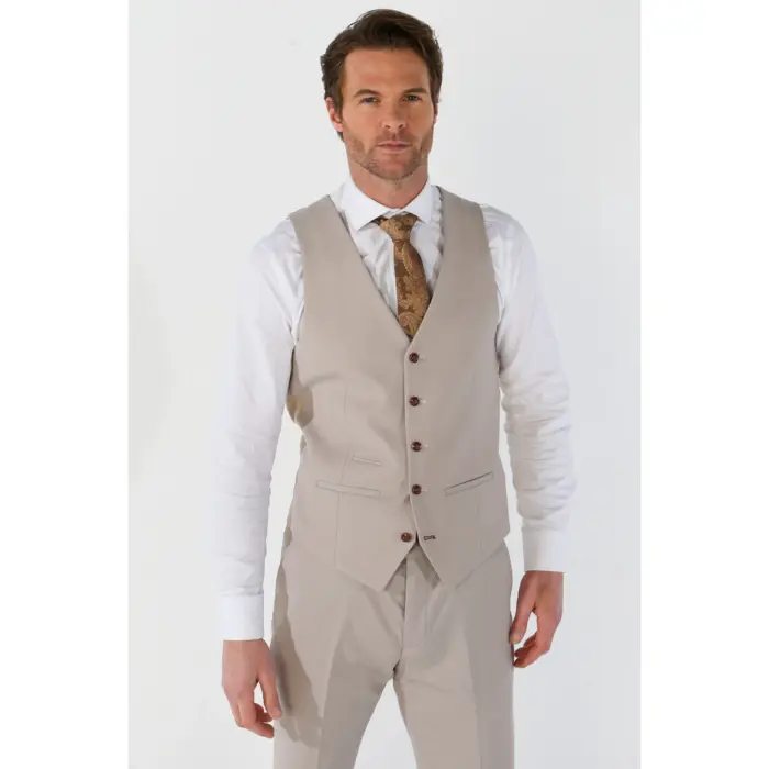 Men's Waistcoat Beige Birdseye Tailored Fit Summer Wedding Vest - Image 1