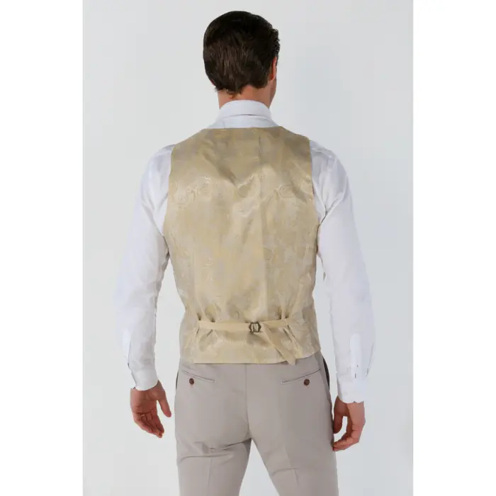 Men's Waistcoat Beige Birdseye Tailored Fit Summer Wedding Vest - Image 2