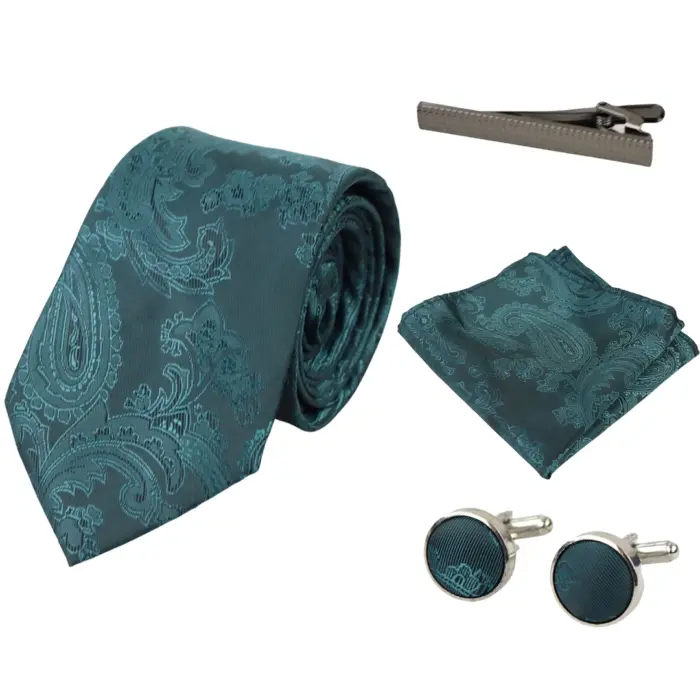 Paisley Neck Tie Gift Set Pocket Square Cuff Links Tie Floral Satin - Image 35
