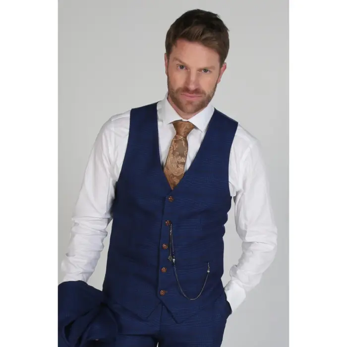 Navy Prince Of Wales Check Waistcoat for Weddings Prom - Image 1