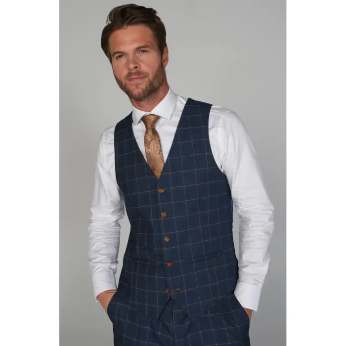 Men's Blue Waistcoat Check Formal Wedding Prom - Image 1