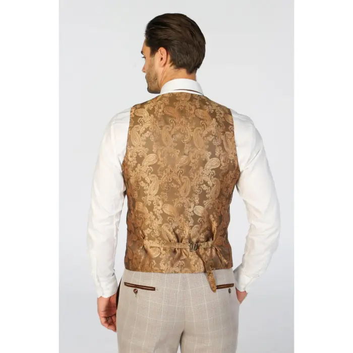 Men's Waistcoat Beige Checked Tailored Fit Vests - Image 2