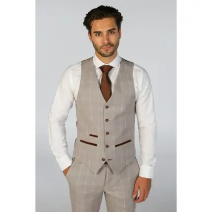 Men's Waistcoat Beige Checked Tailored Fit Vests