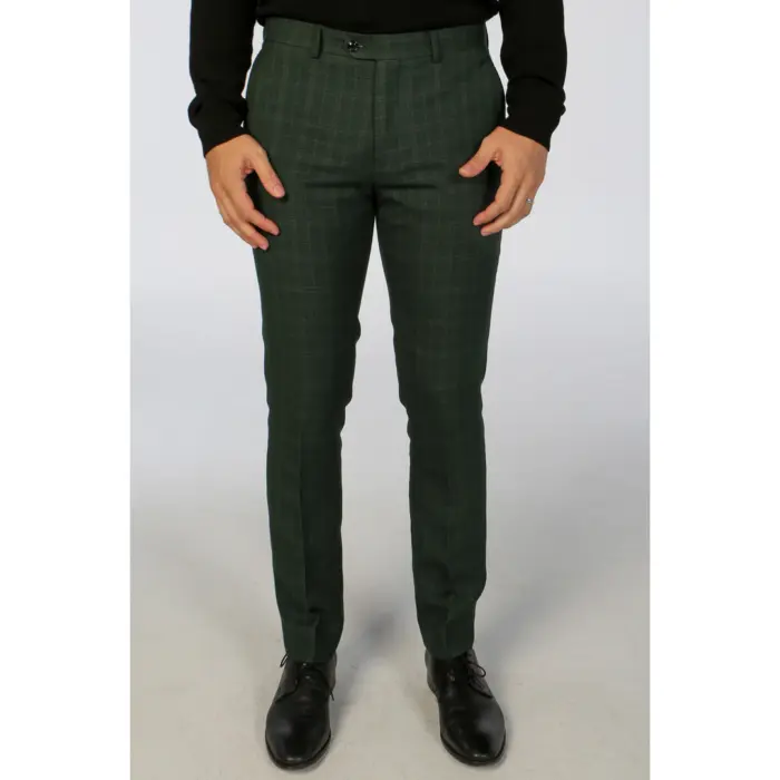 Men's Trousers Green Checked Formal Suit Pants - Image 1