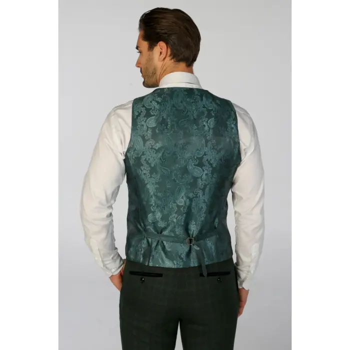 Men's Waistcoat Green Checked Tailored Fit Vest - Image 2